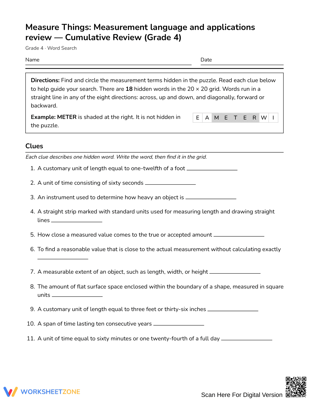 Essential Measurement Terms Word Search | Grade 4 Math - Page 1