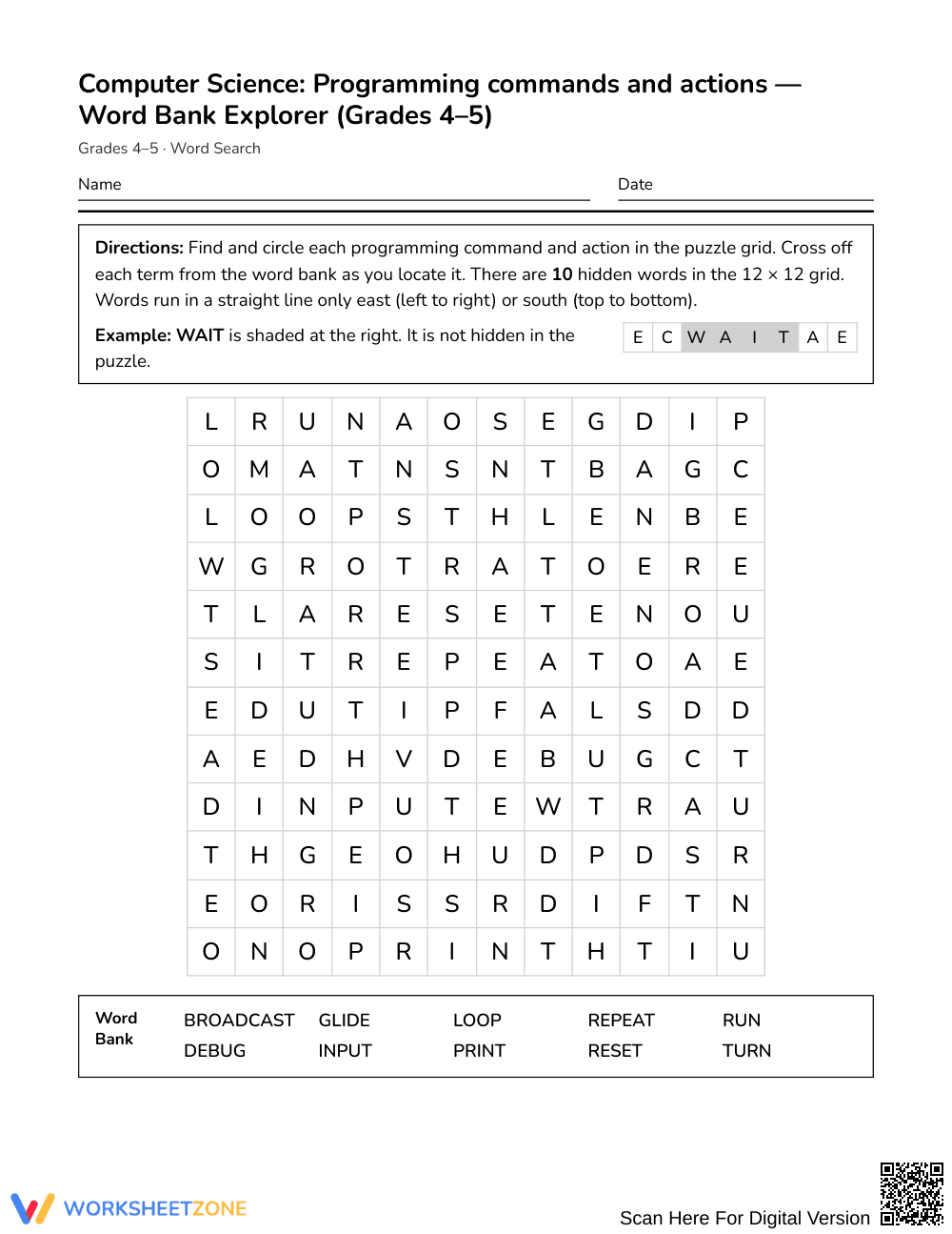 Ready Programming Commands Word Search | Grades 4–5 ELA - Page 1