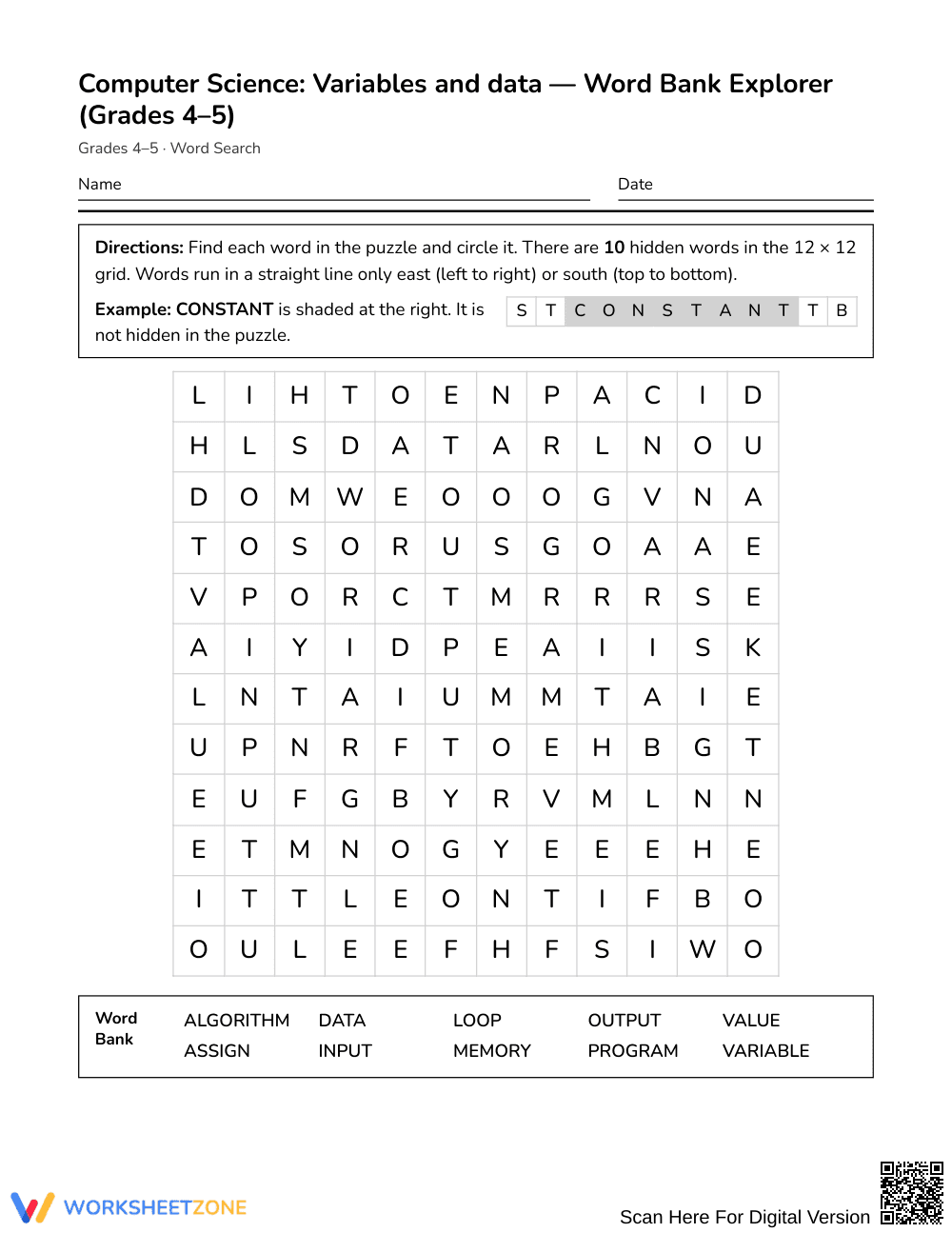 Printable Variables and Data Word Search | Grades 4–5 ELA - Page 1