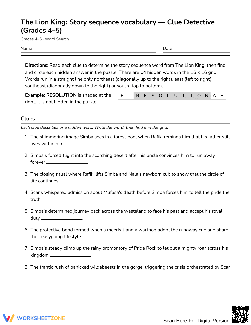 Essential Story Sequence Word Search | Grades 4–5 ELA - Page 1