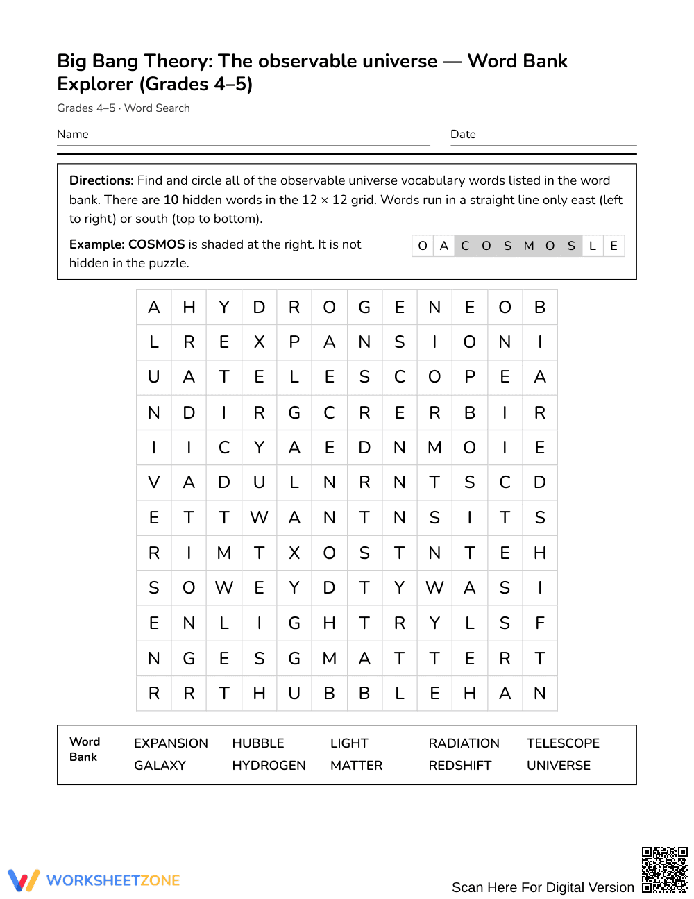 Free Observable Universe Word Search | Grades 4–5 Science - Page 1