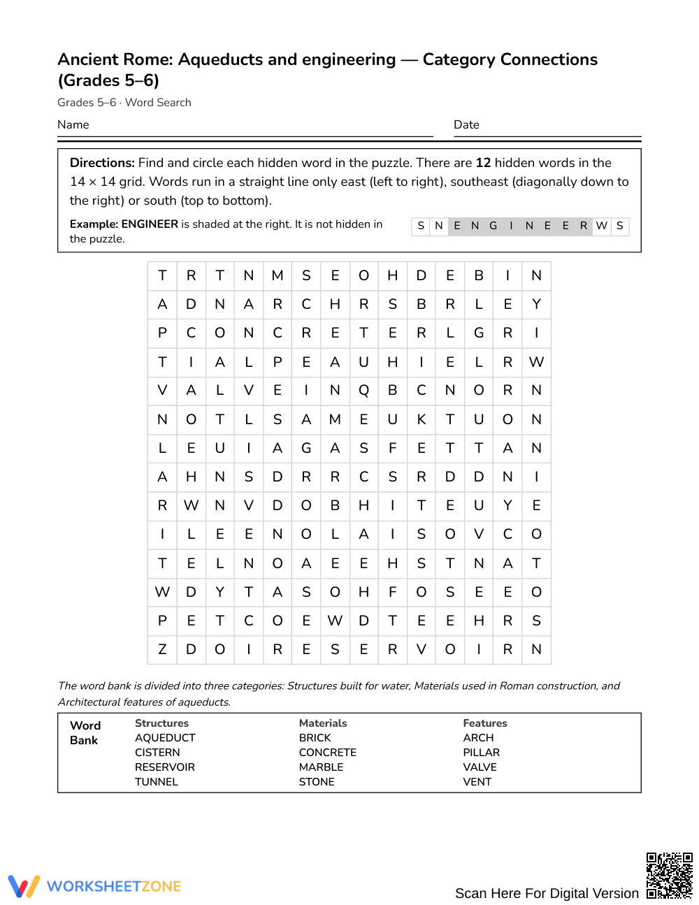 Printable Aqueducts Word Search | Grades 5–6 Social Studies - Page 1