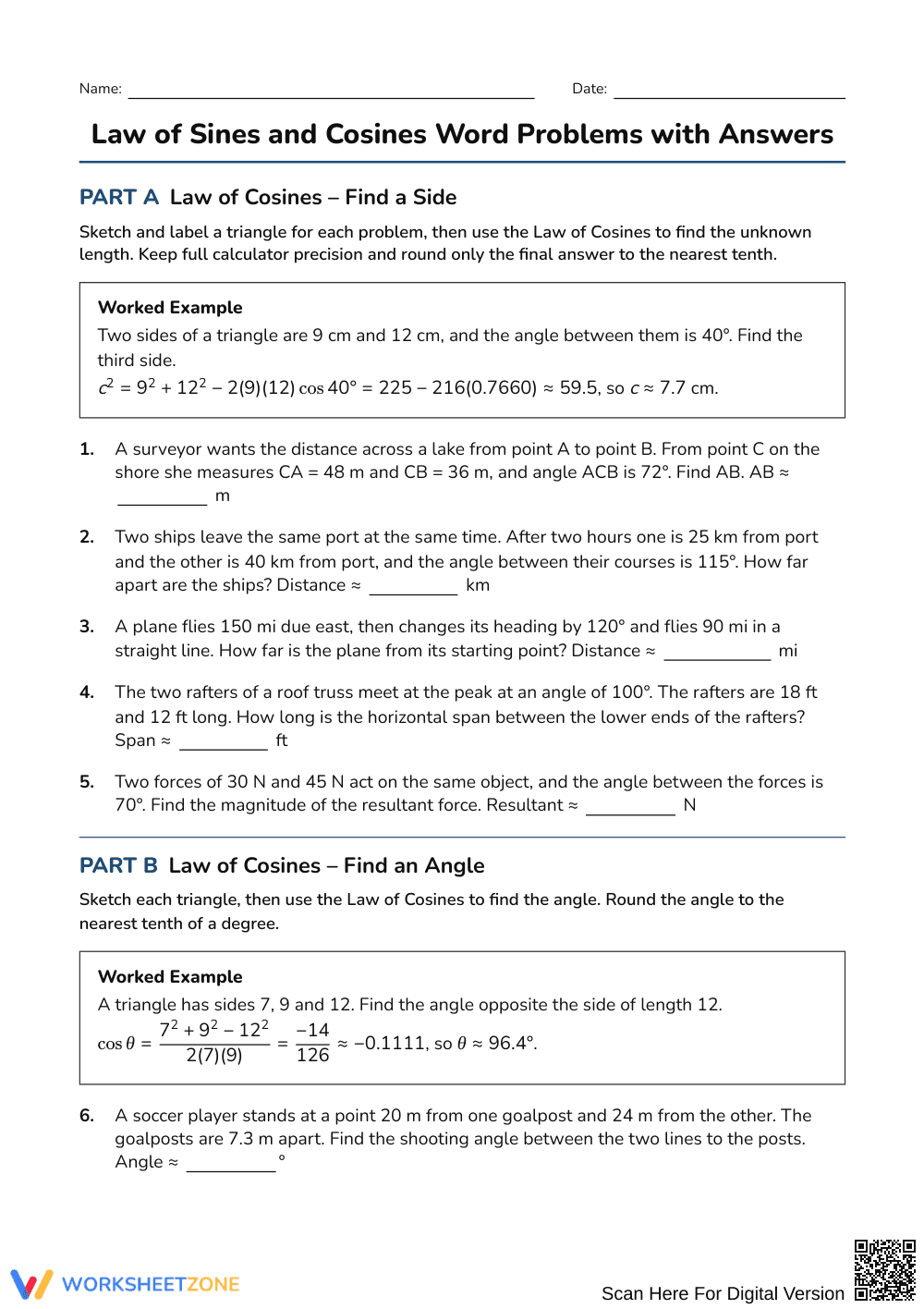 Aligned Law of Sines & Cosines Worksheet | Grades 10–12 Math - Page 1