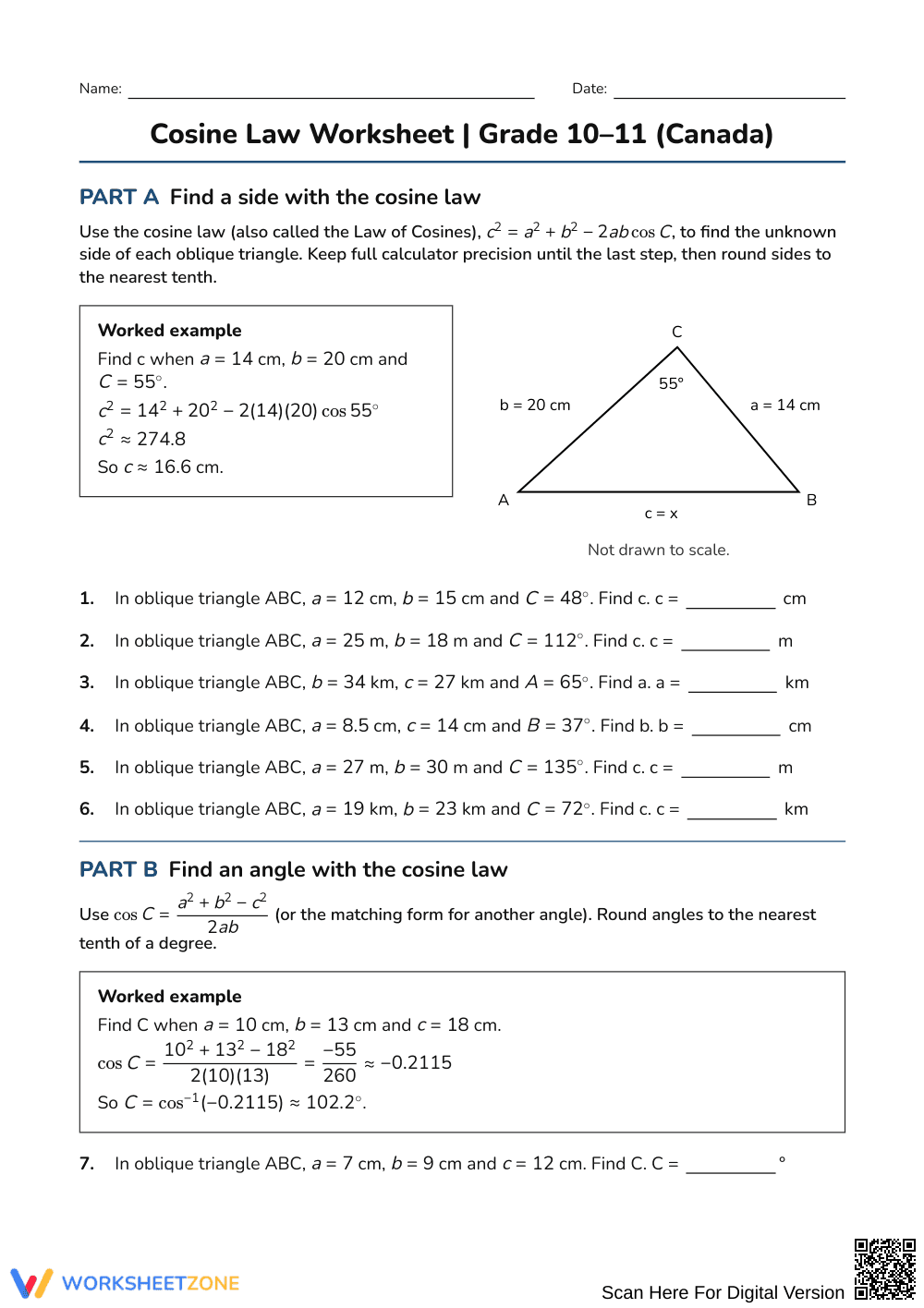 Printable Cosine Law Worksheet | Grade 10–11 Math - Page 1