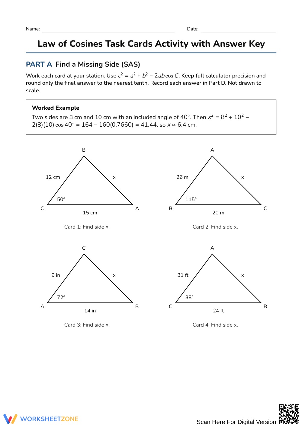 Printable Law of Cosines Worksheet | Grades 10–12 Math - Page 1