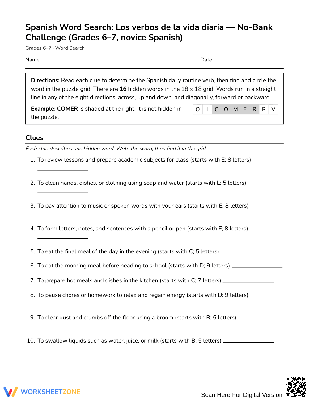Complete Spanish Verbs Word Search | Grades 6–7 ELA - Page 1