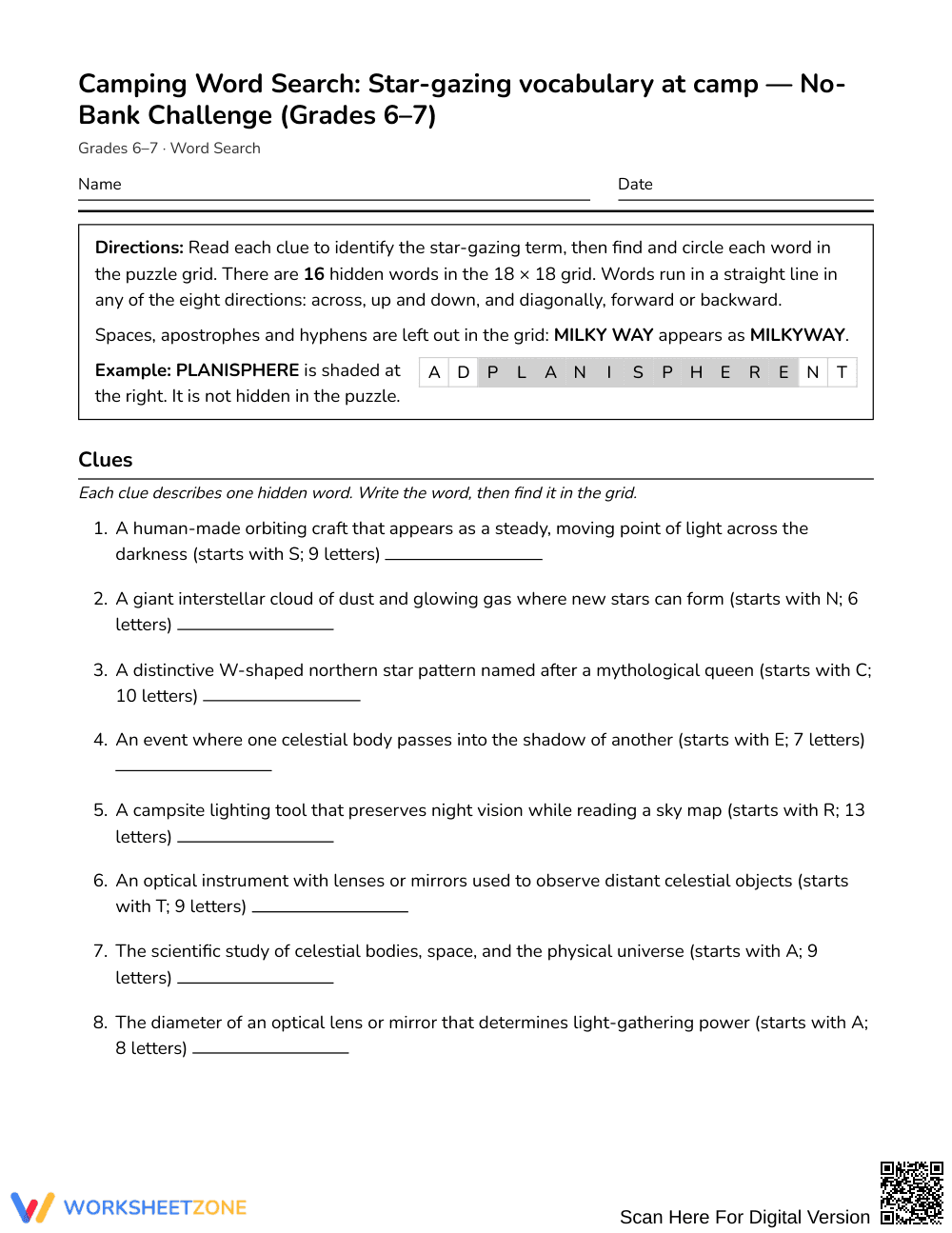 Printable Star-Gazing Word Search | Grades 6–7 Science - Page 1