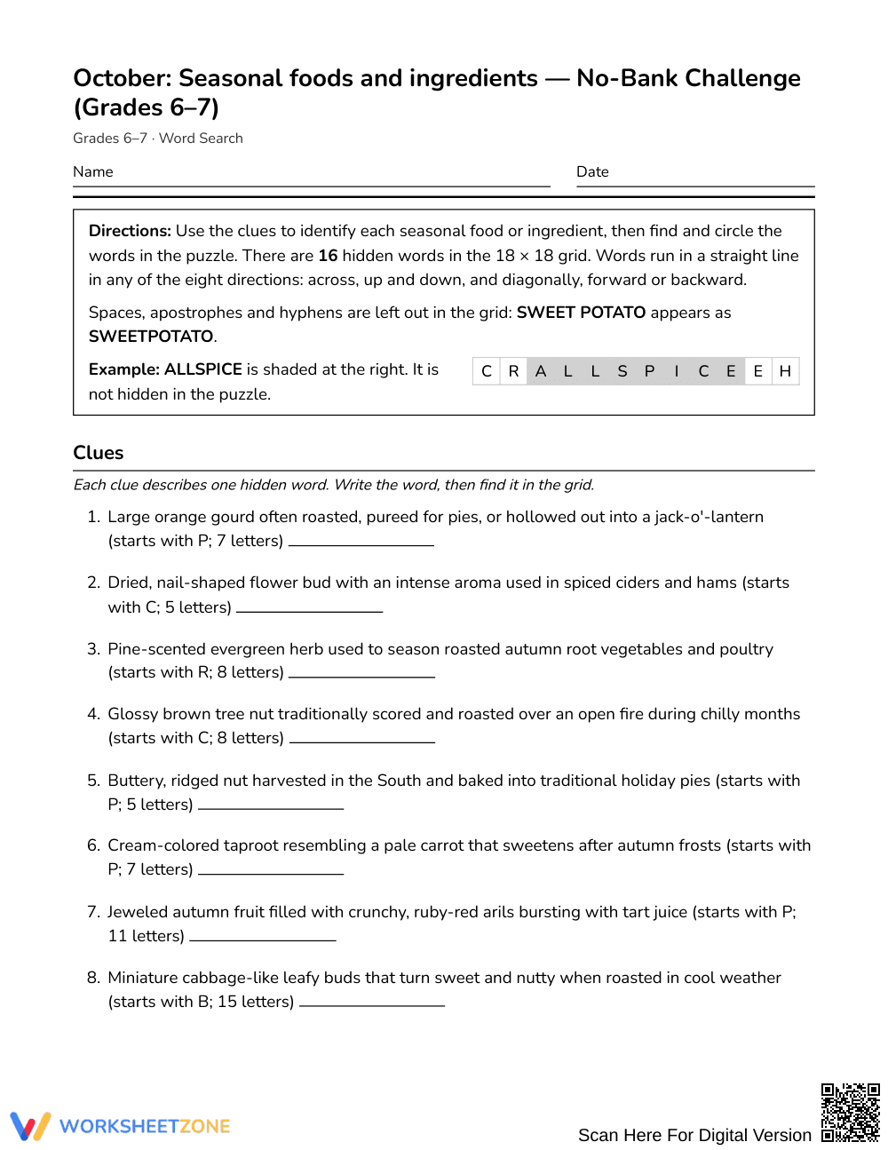 Printable Seasonal Foods Word Search | Grades 6–7 ELA - Page 1