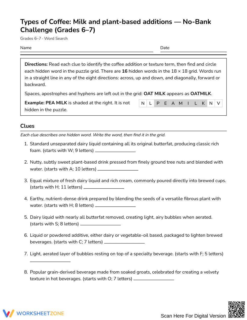 Complete Coffee Additions Word Search | Grades 6–7 ELA - Page 1