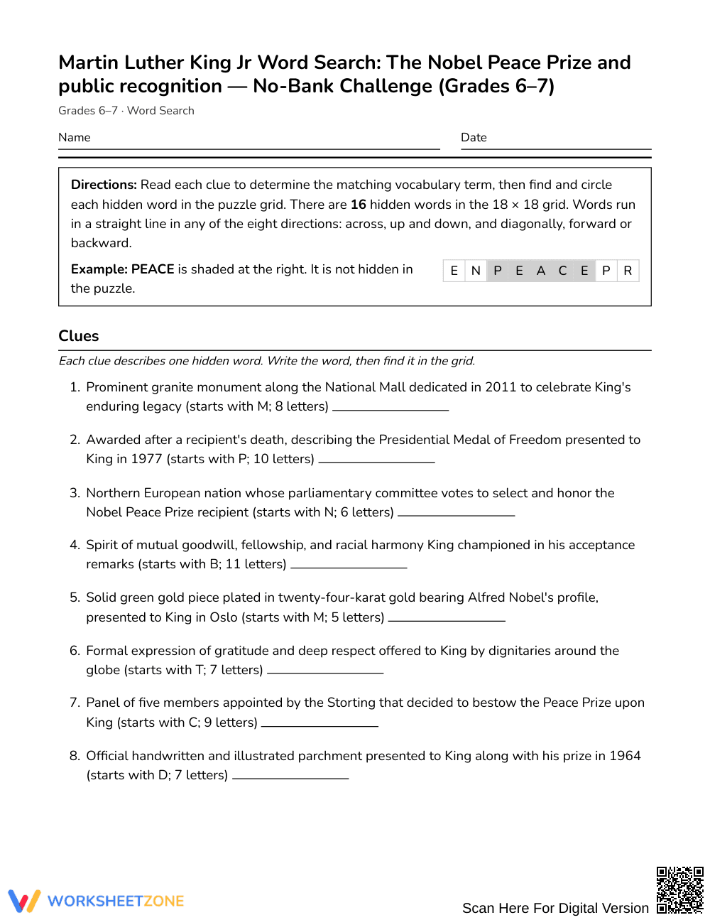 Printable MLK Nobel Word Search | Grades 6–7 Social Studies - Page 1