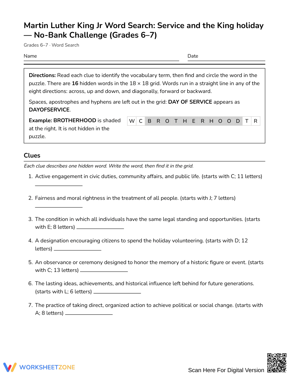Ready MLK Service Word Search | Grades 6–7 Social Studies - Page 1