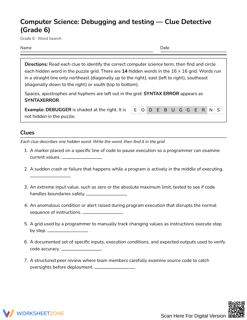 Complete Debugging & Testing Word Search | Grade 6 ELA - Page 1