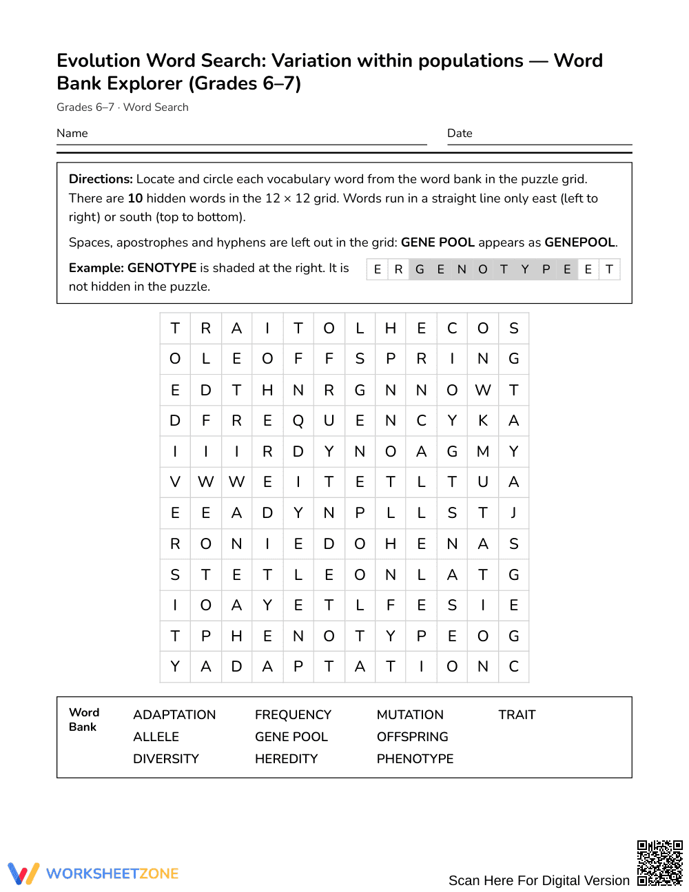 Ready Variation Populations Word Search | Grades 6–7 Science - Page 1