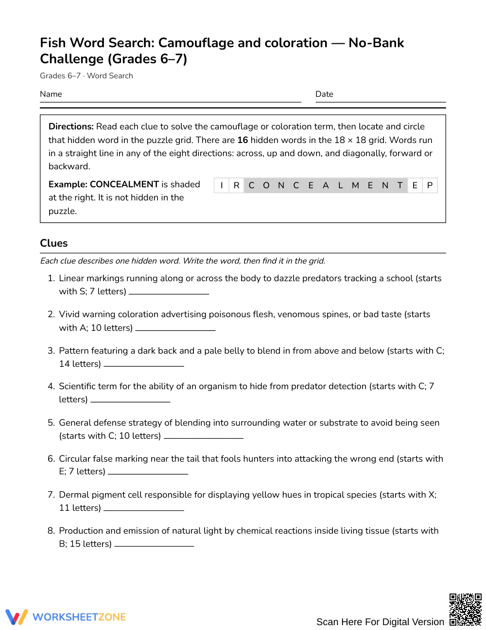 Essential Fish Camouflage Word Search | Grades 6–7 Science - Page 1