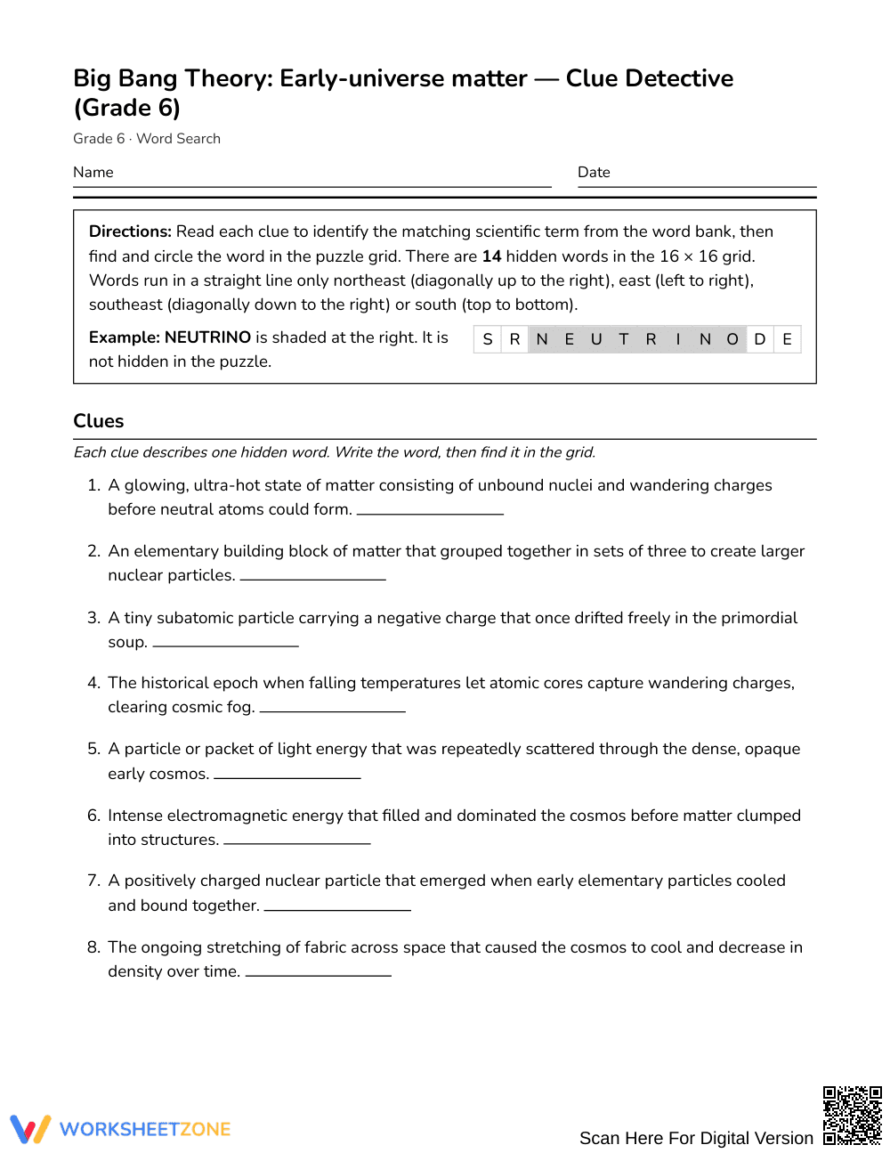 Complete Early Universe Word Search | Grade 6 Science - Page 1