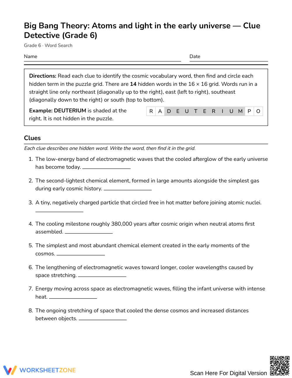 Ready Early Universe Atoms Word Search | Grade 6 Science - Page 1