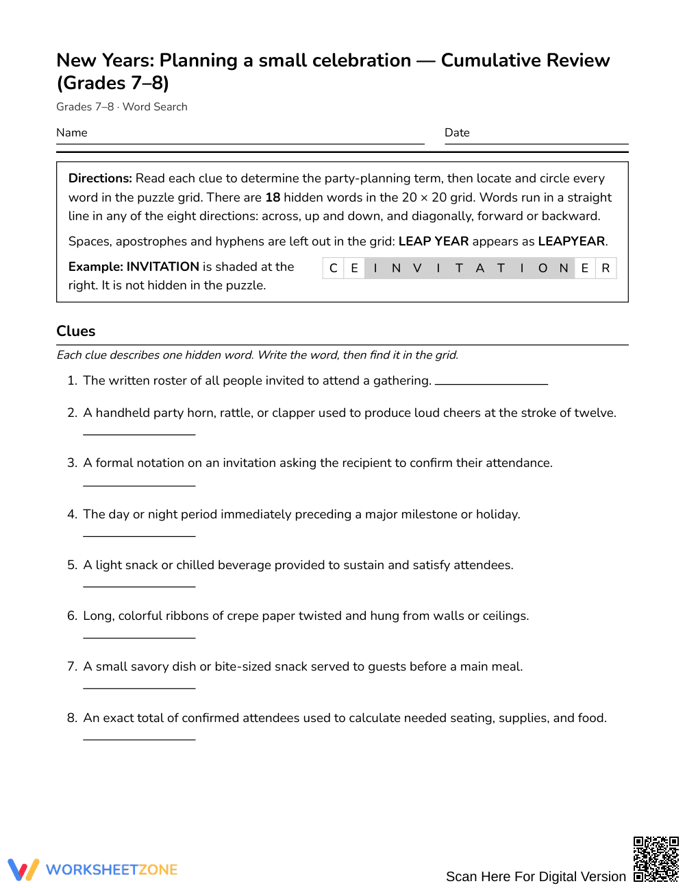 Printable Celebration Planning Word Search | Grades 7–8 ELA - Page 1