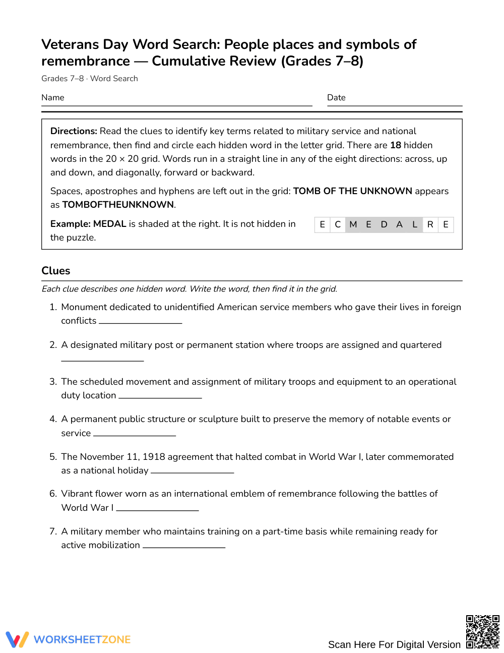 Ready Veterans Day Word Search | Grades 7–8 Social Studies - Page 1