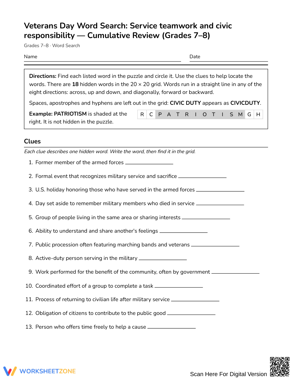 Ready Veterans Day Word Search | Grades 7–8 Social Studies - Page 1