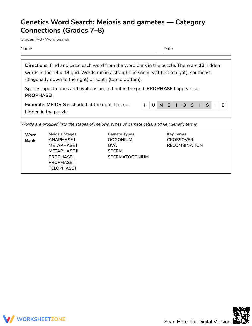 Ready Meiosis and Gametes Word Search | Grades 7–8 Science - Page 1