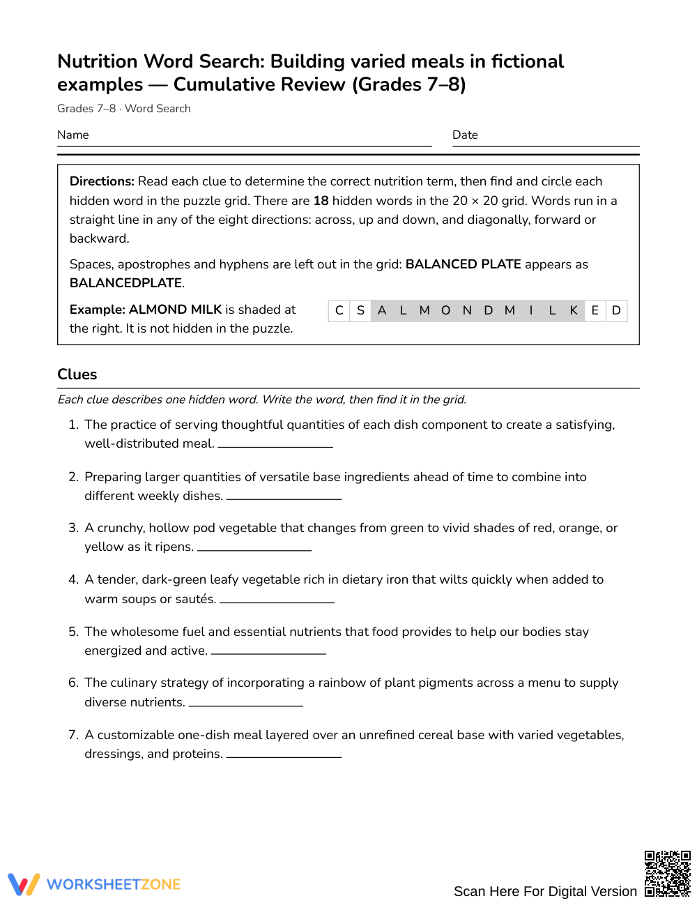 Complete Meal Building Word Search | Grades 7–8 Science - Page 1