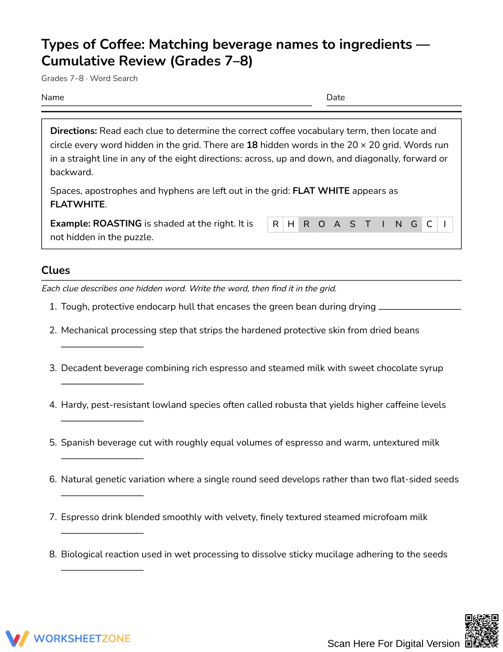 Printable Coffee Vocabulary Word Search | Grades 7–8 ELA - Page 1