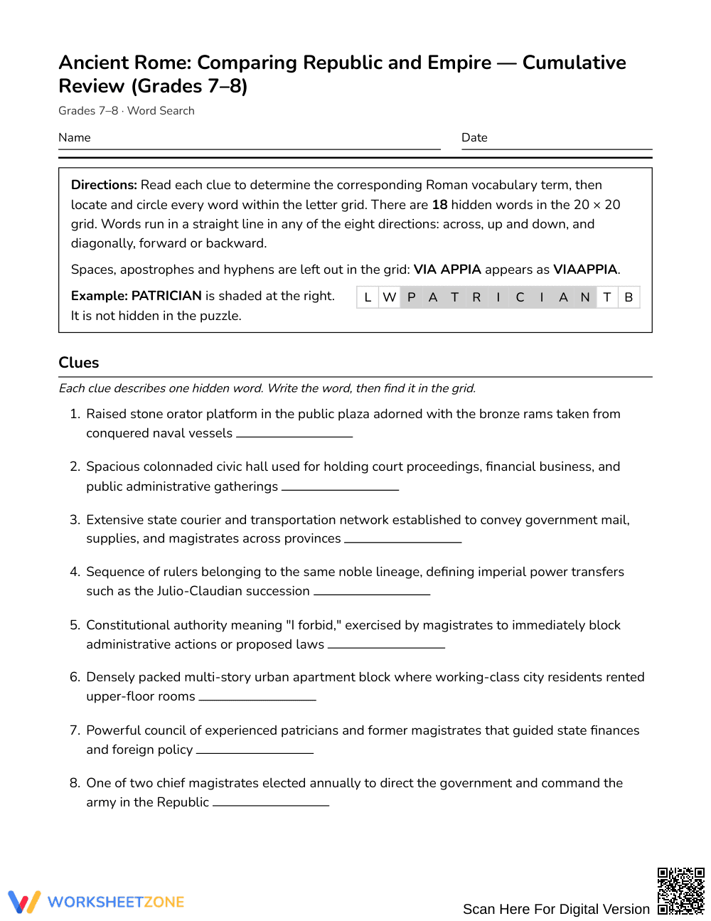 Ready Roman Republic Word Search | Grades 7–8 Social Studies - Page 1
