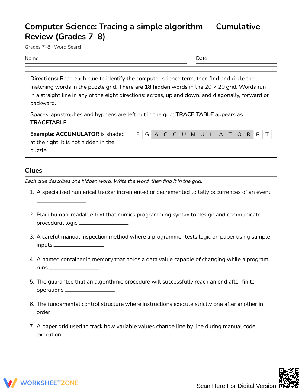 Printable Algorithm Word Search | Grades 7–8 ELA - Page 1
