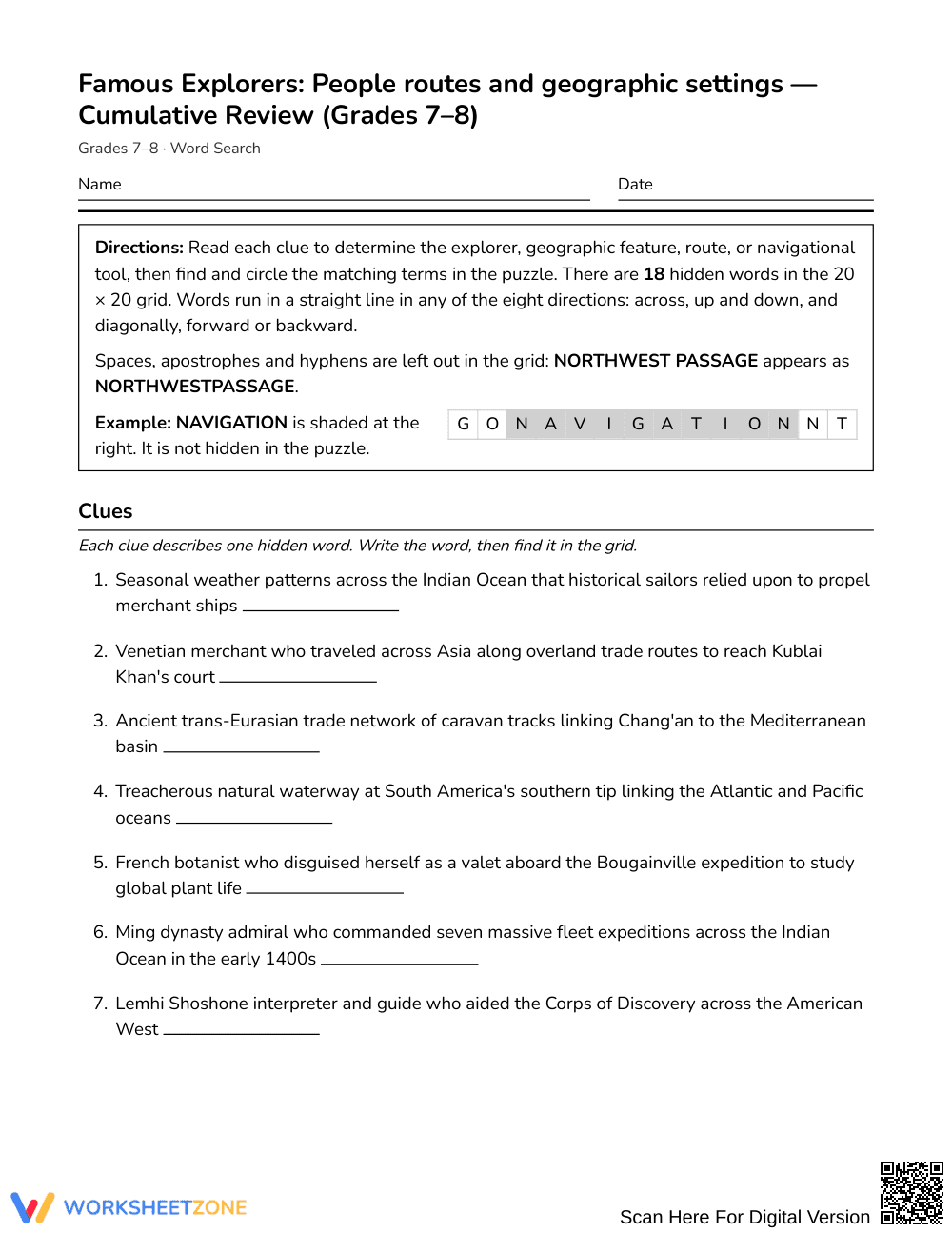 Essential Explorers Word Search | Grades 7–8 Social Studies - Page 1