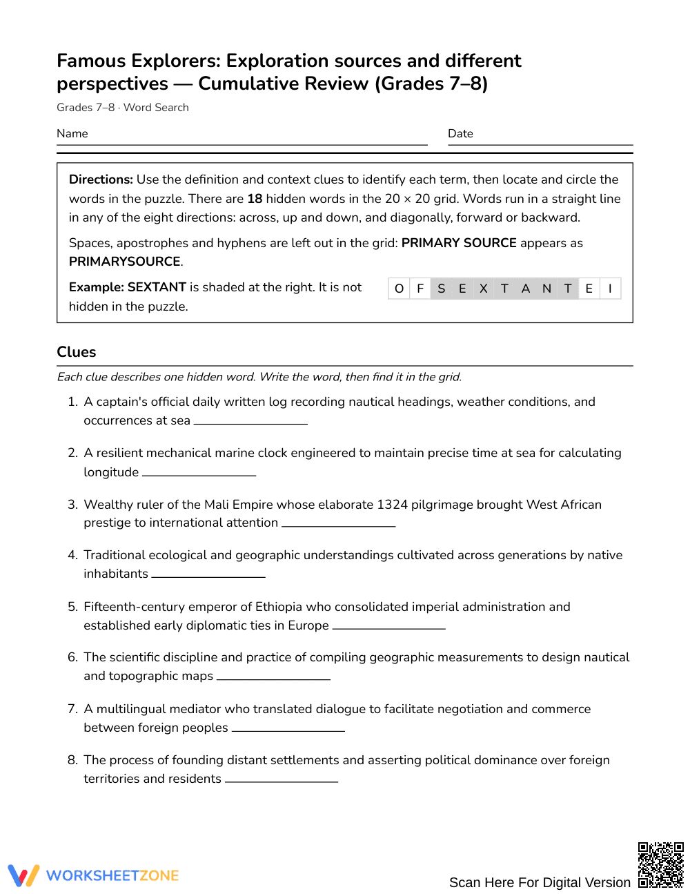 Free Sources Word Search | Grades 7–8 Social Studies - Page 1