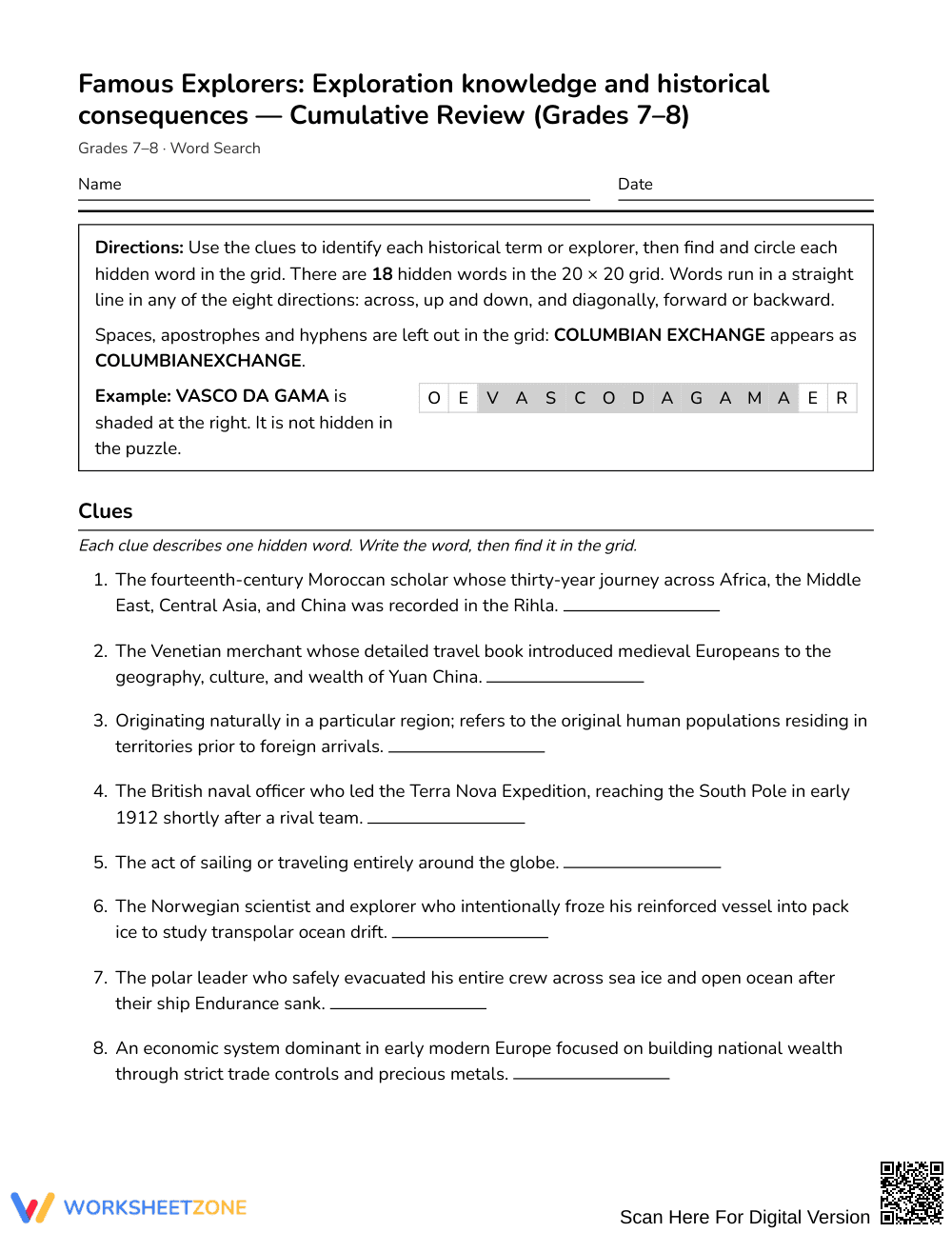 Printable Explorers Word Search | Grades 7–8 Social Studies - Page 1