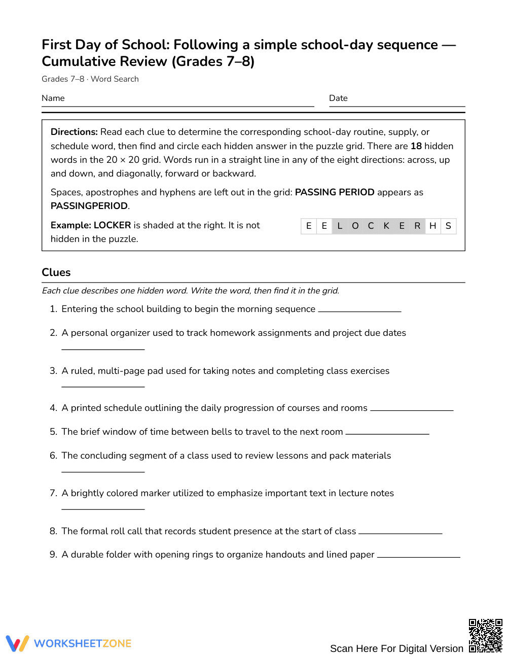 Complete School Day Sequence Word Search | Grades 7–8 ELA - Page 1