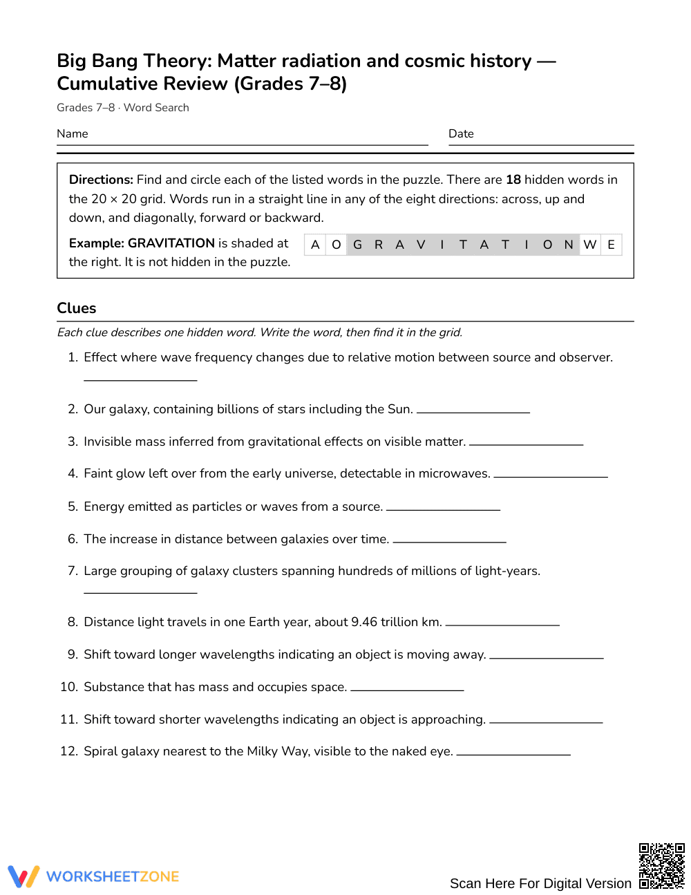 Printable Cosmic History Word Search | Grades 7–8 Science - Page 1