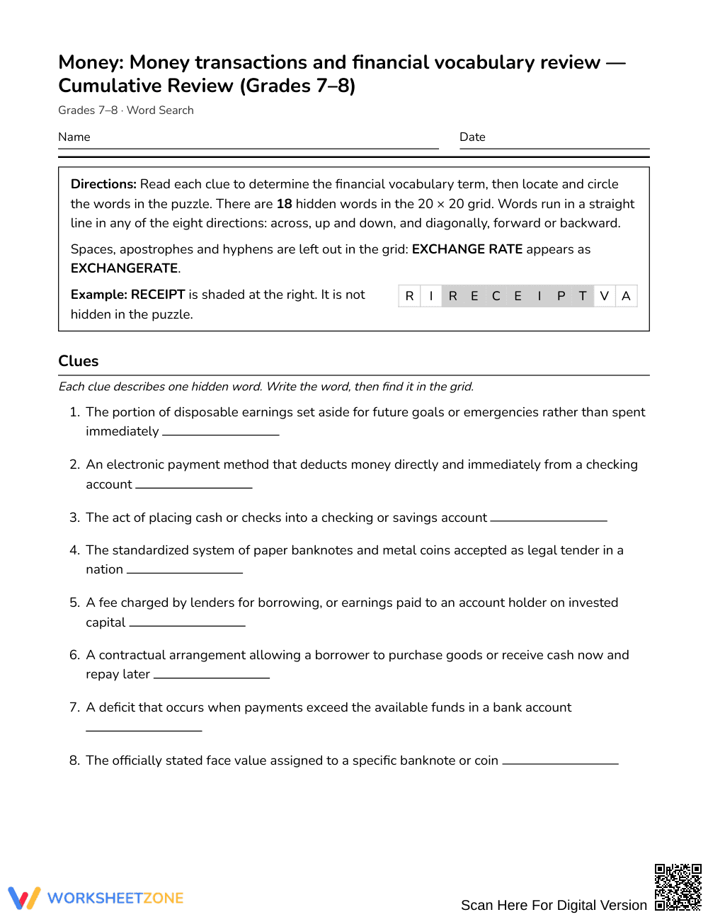 Ready Money Terms Word Search | Grades 7–8 Social Studies - Page 1