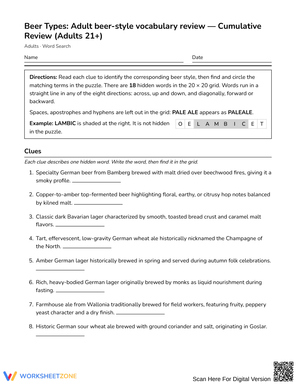 Printable Beer-Style Vocabulary Word Search | Adults ELA - Page 1