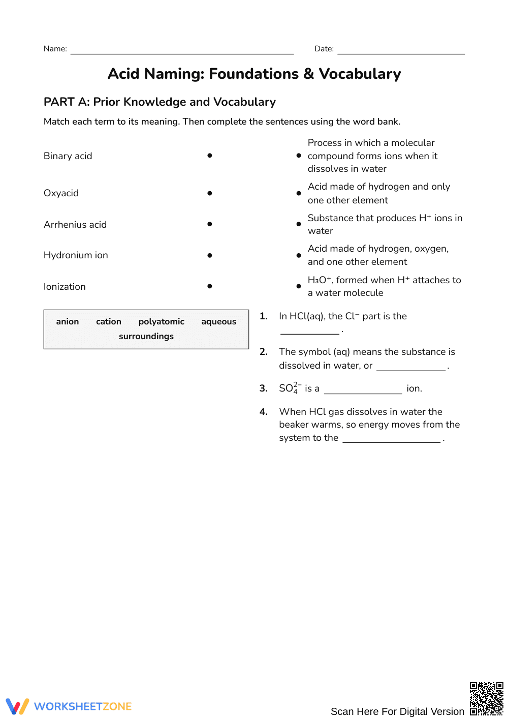 Essential Acid Naming Worksheet | Grades 9-12 Science - Page 1
