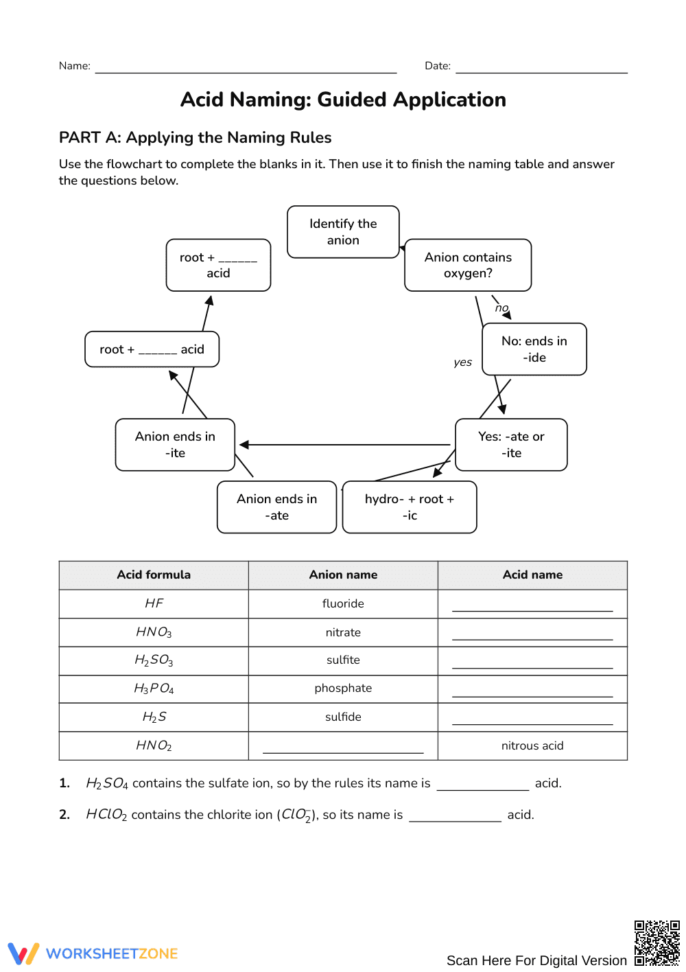 Complete Acid Naming Worksheet | Grades 9–12 Science - Page 1