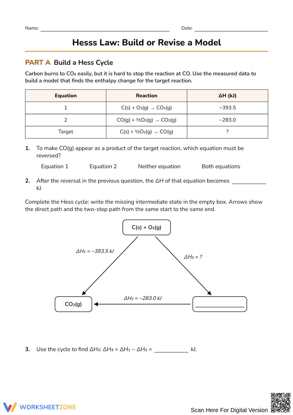 Complete Hess's Law Worksheet | Grades 9-12 Science - Page 1