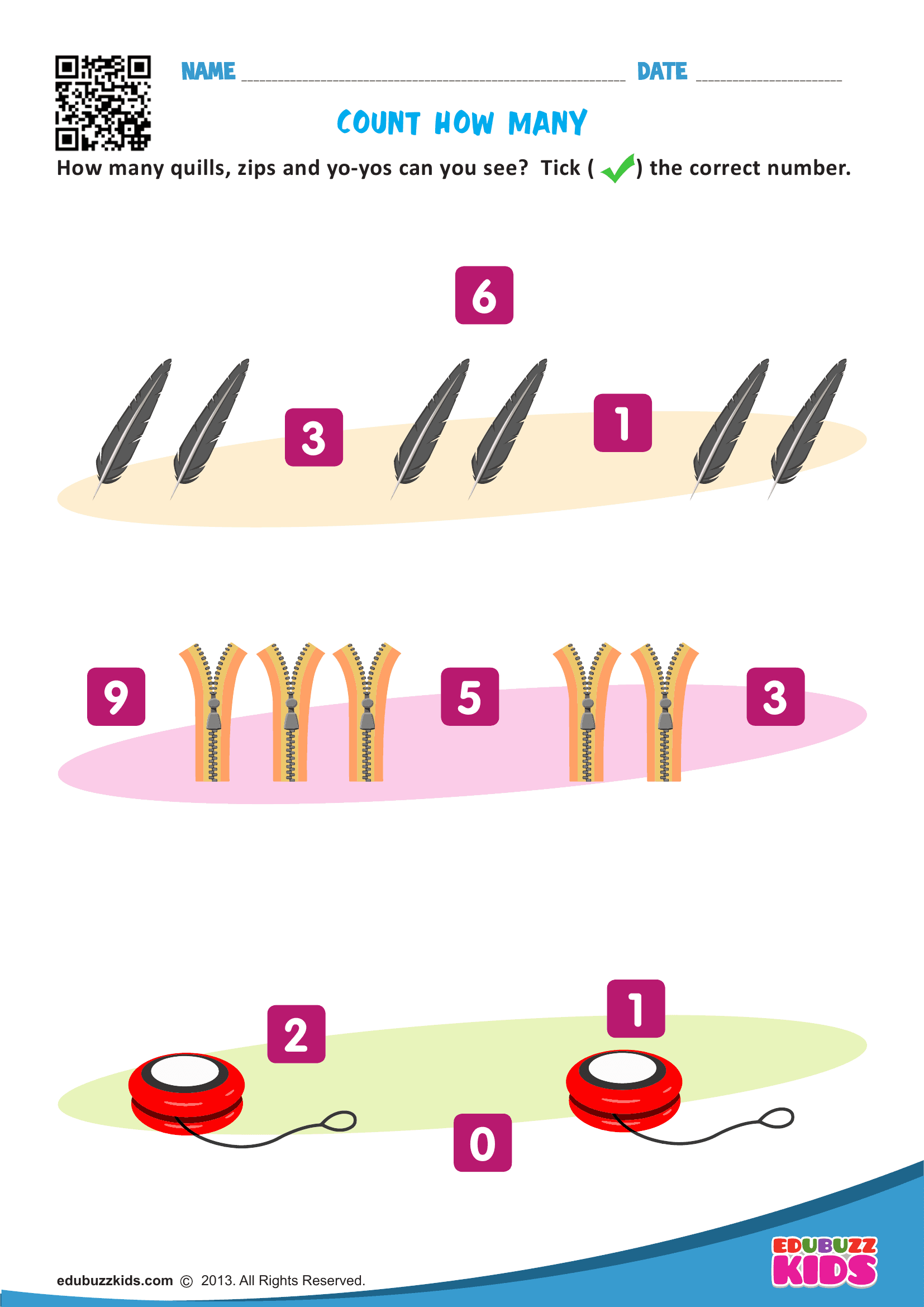 Count and Tick Worksheet – Quills, Zippers, and Yo-Yos - Page 1