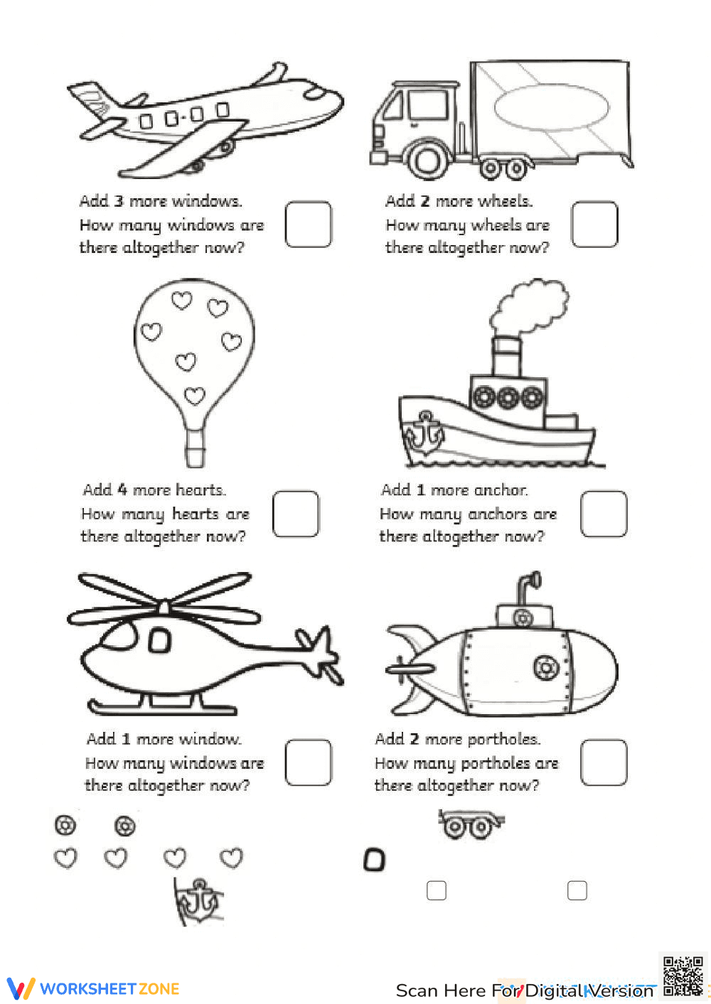 Transportation Addition Worksheets for Kids - Page 1