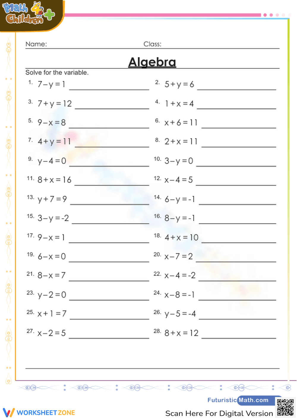 Algebra: Solving for the variable - Page 1