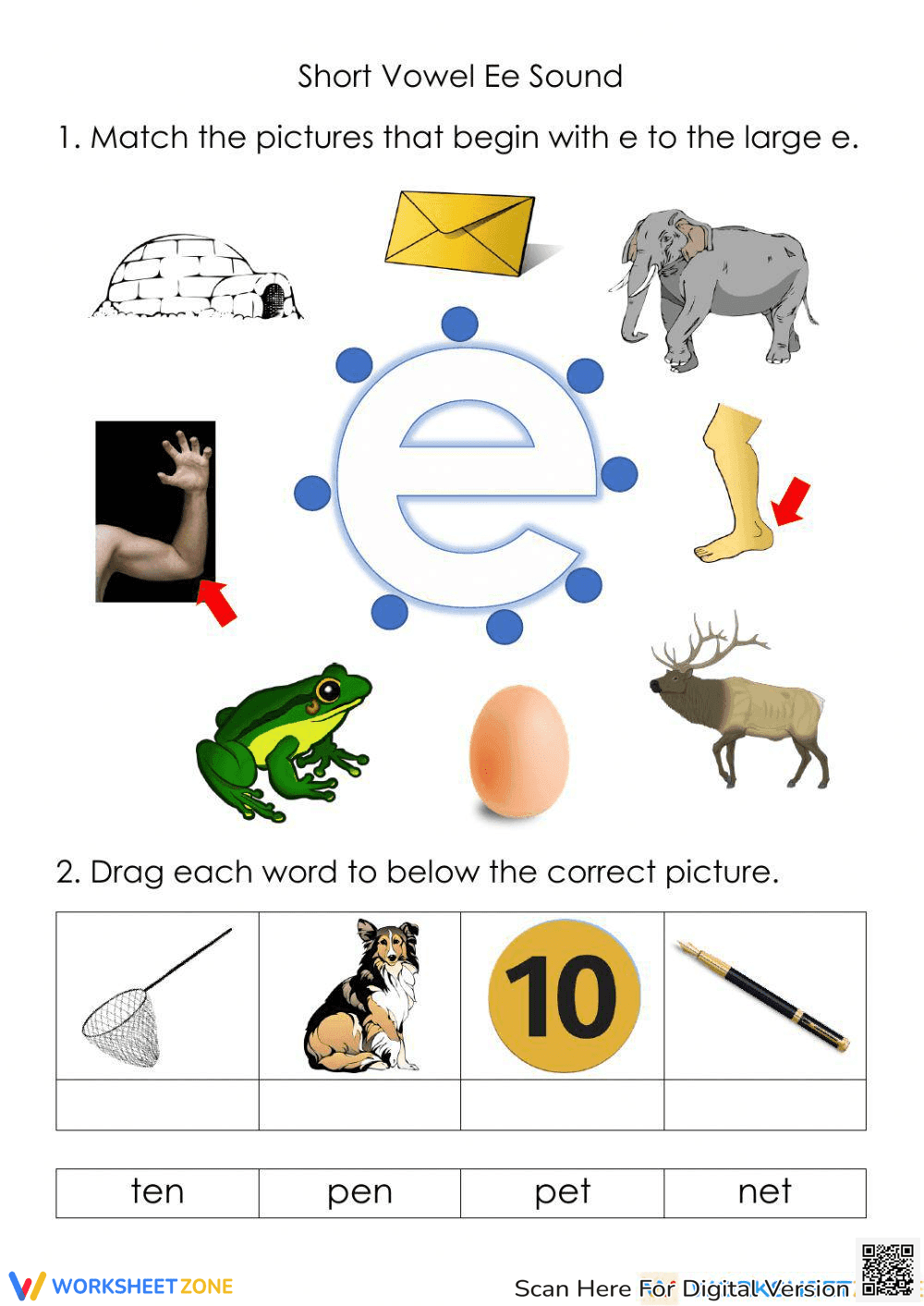 Printable Short Vowel Ee Phonics Worksheet | Grade 2-3 - Page 1