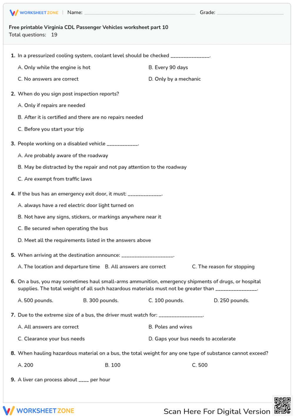 Free printable Virginia CDL Passenger Vehicles worksheet part 10 - Page 1