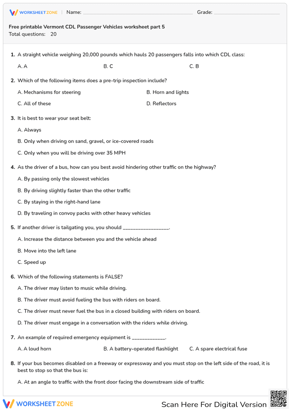 Free printable Vermont CDL Passenger Vehicles worksheet part 5 - Page 1