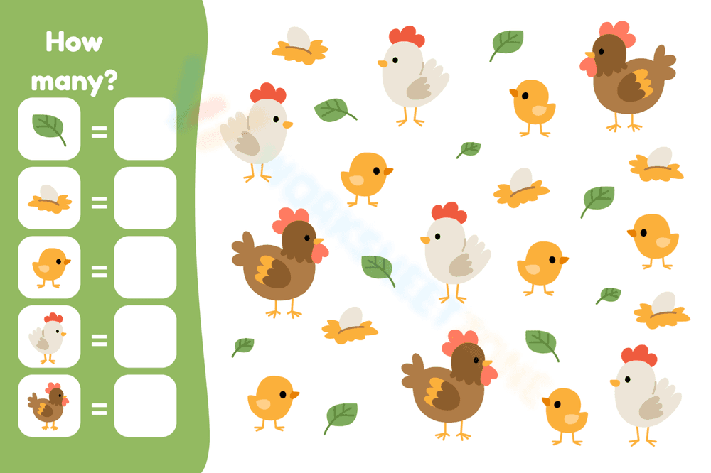 Counting worksheet - Chicken family - Page 1