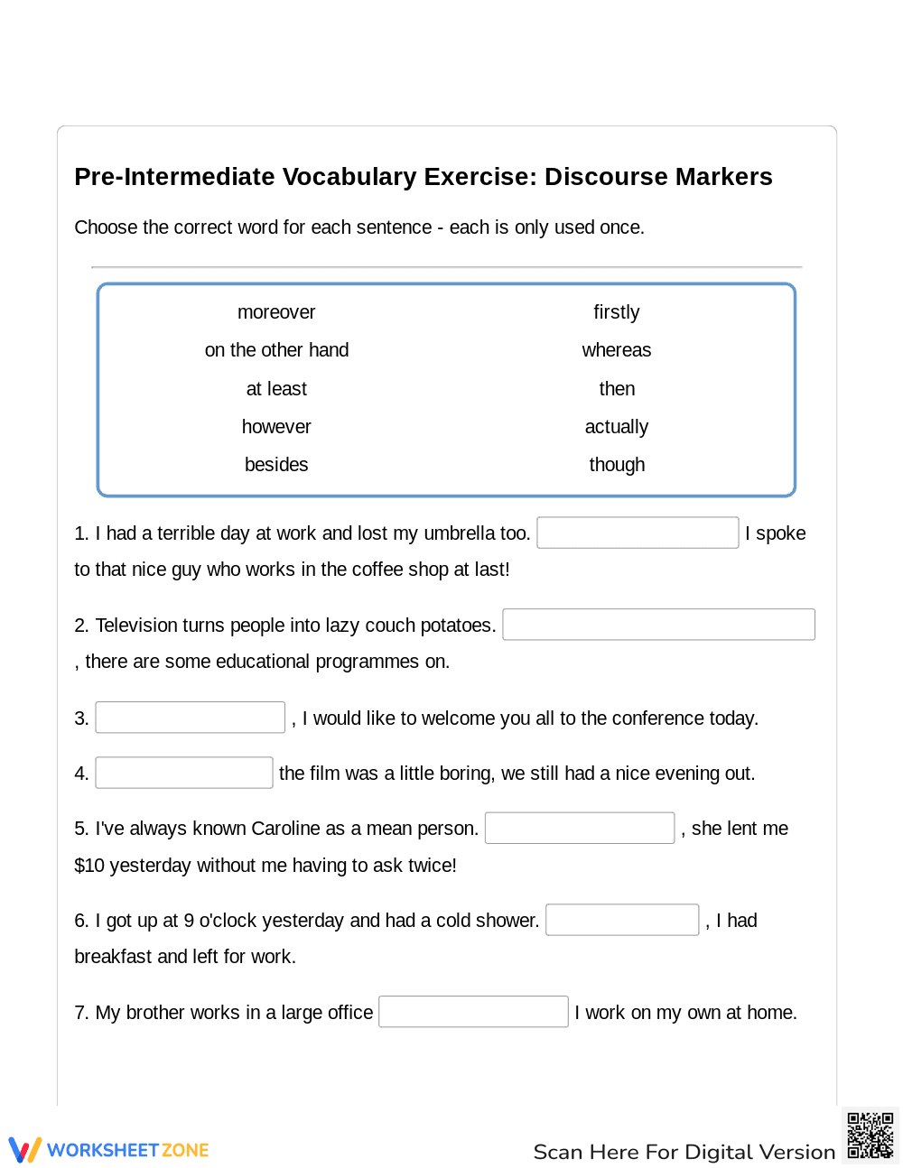 Pre-Intermediate Vocabulary Exercise -Toefal Practice Discourse Markers - Page 1