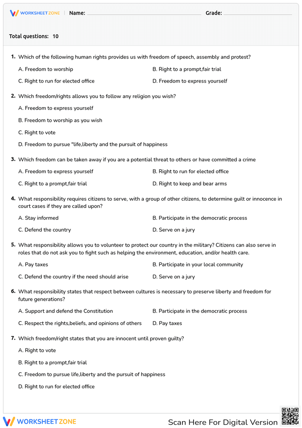 Human Rights and Responsibilities Quiz - Page 1