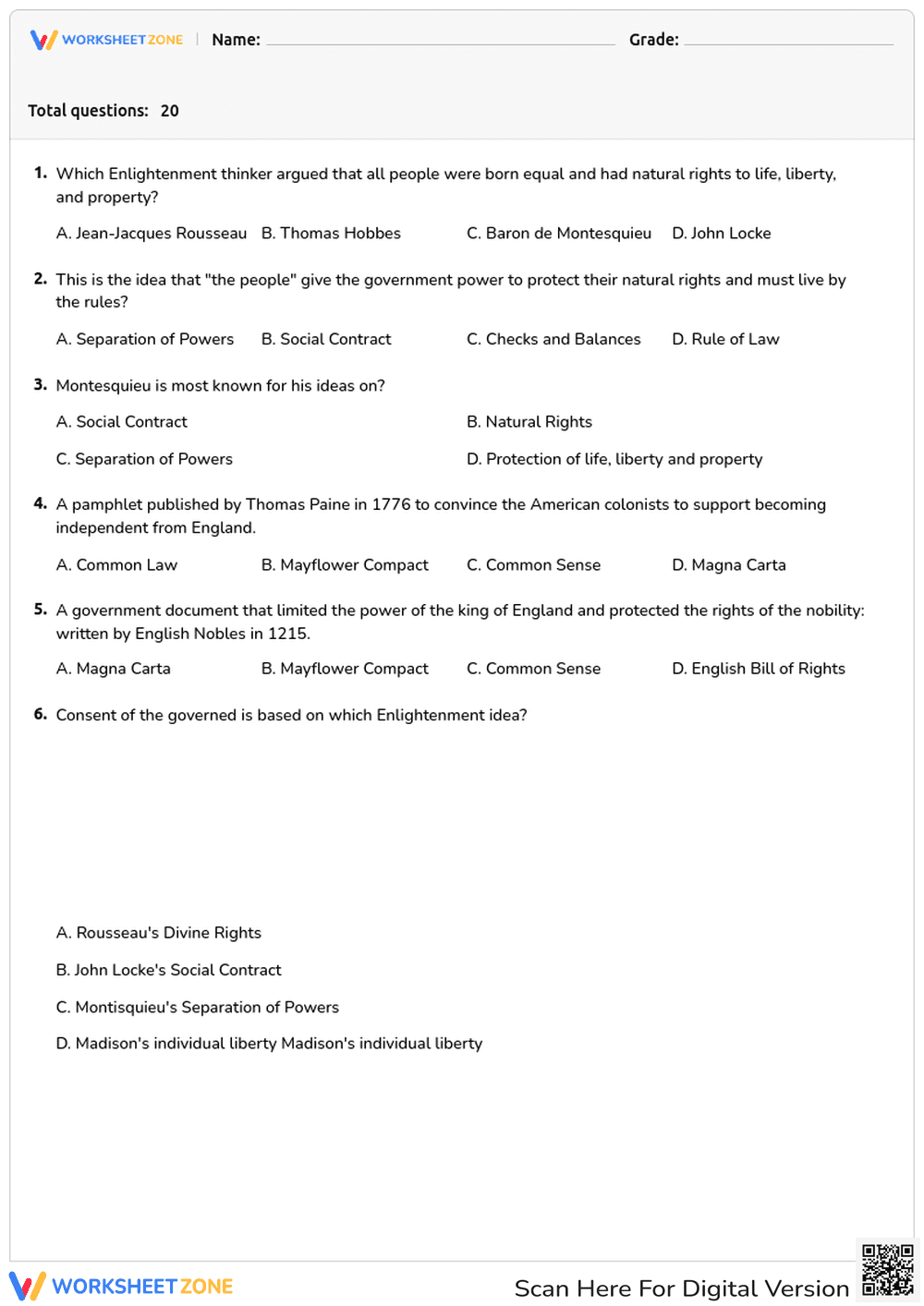 Enlightenment Thinkers and Ideas Quiz - Page 1
