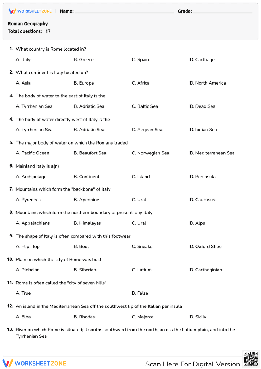 Roman Geography Quiz: Italy and the Mediterranean - Page 1