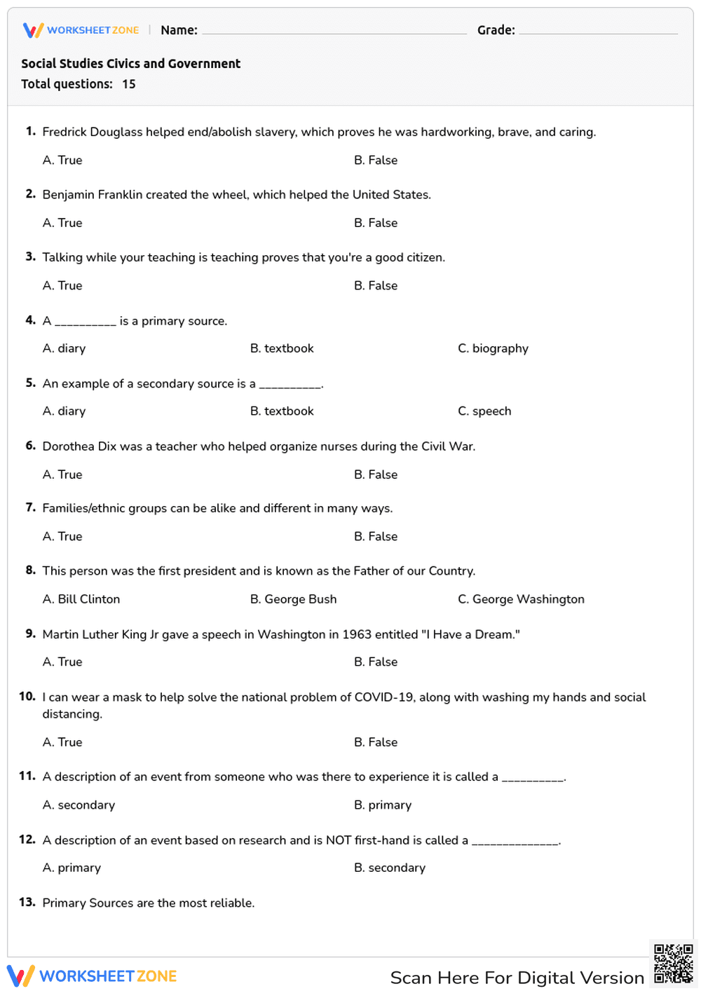 Social Studies & Civics Quiz: People & Events - Page 1